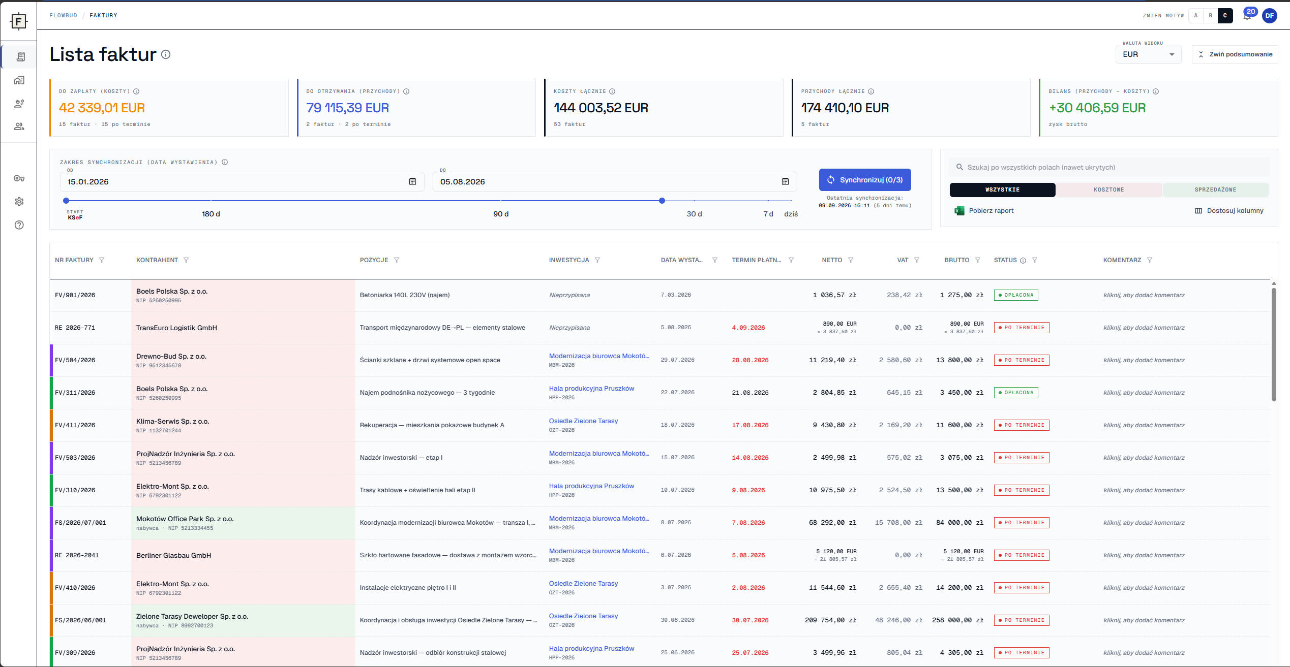 FlowBud: lista faktur pobranych z KSeF